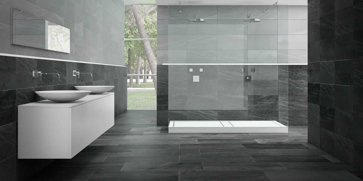 Moderne, anthrazit-schwarz-graue Bodenfliese für Badezimmer